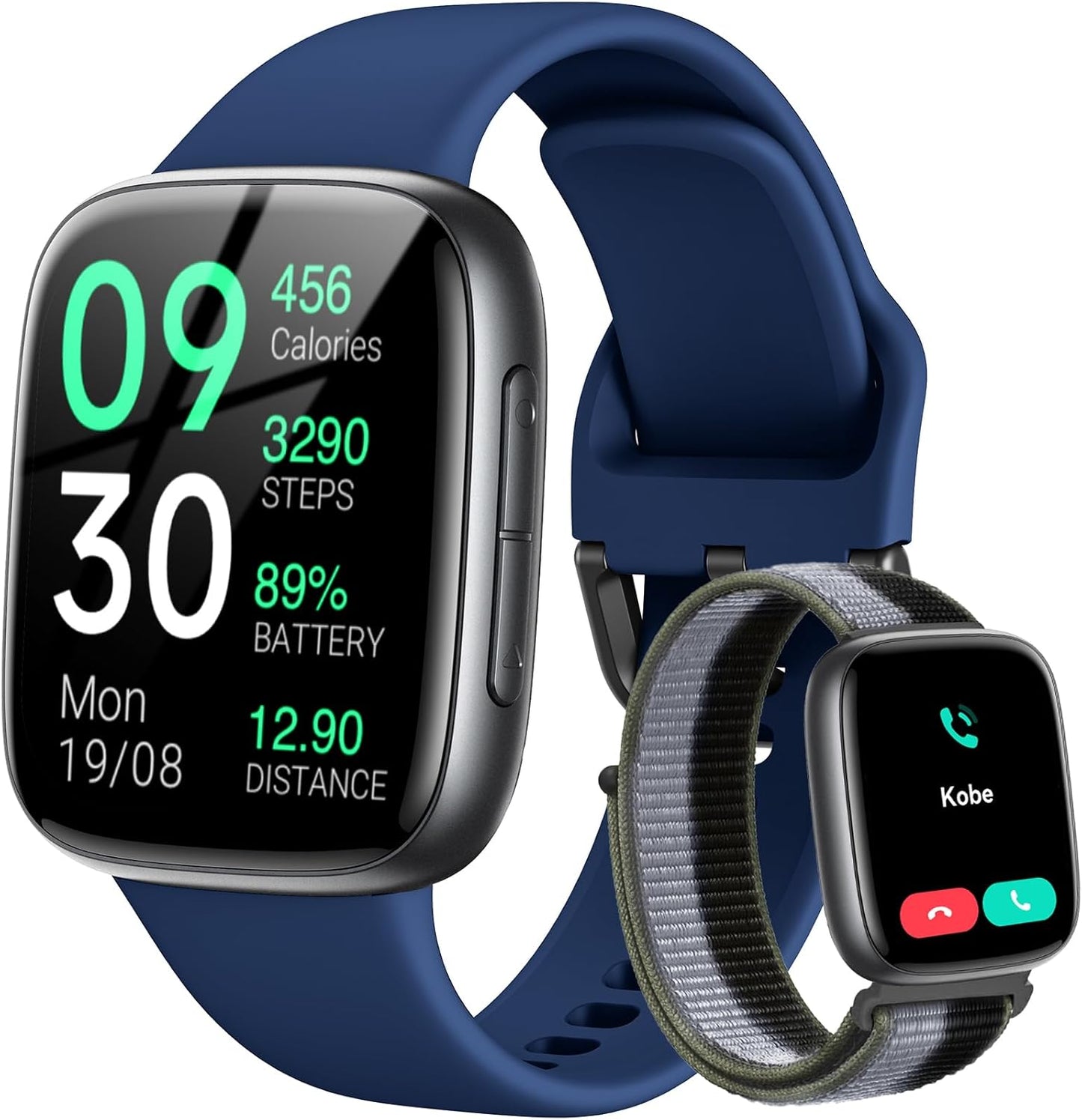 Smart Watch: 1.85" AMOLED Call Answer, Heart Rate/SpO₂, 100+ Sports, 3ATM Waterproof, 2 Bands