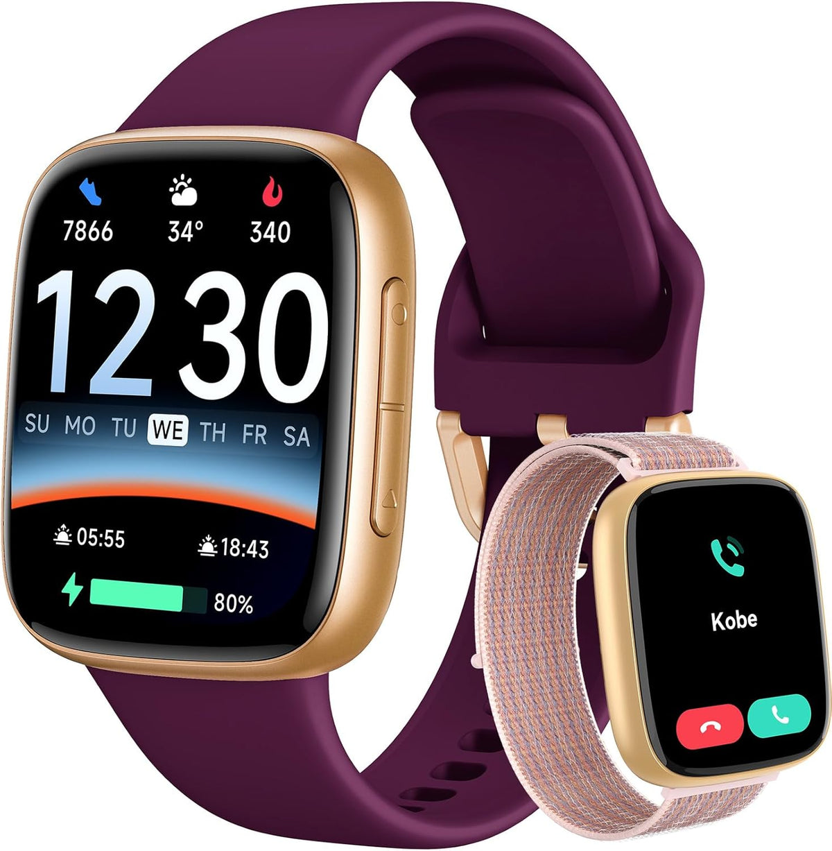 Smart Watch: 1.85" AMOLED Call Answer, Heart Rate/SpO₂, 100+ Sports, 3ATM Waterproof, 2 Bands