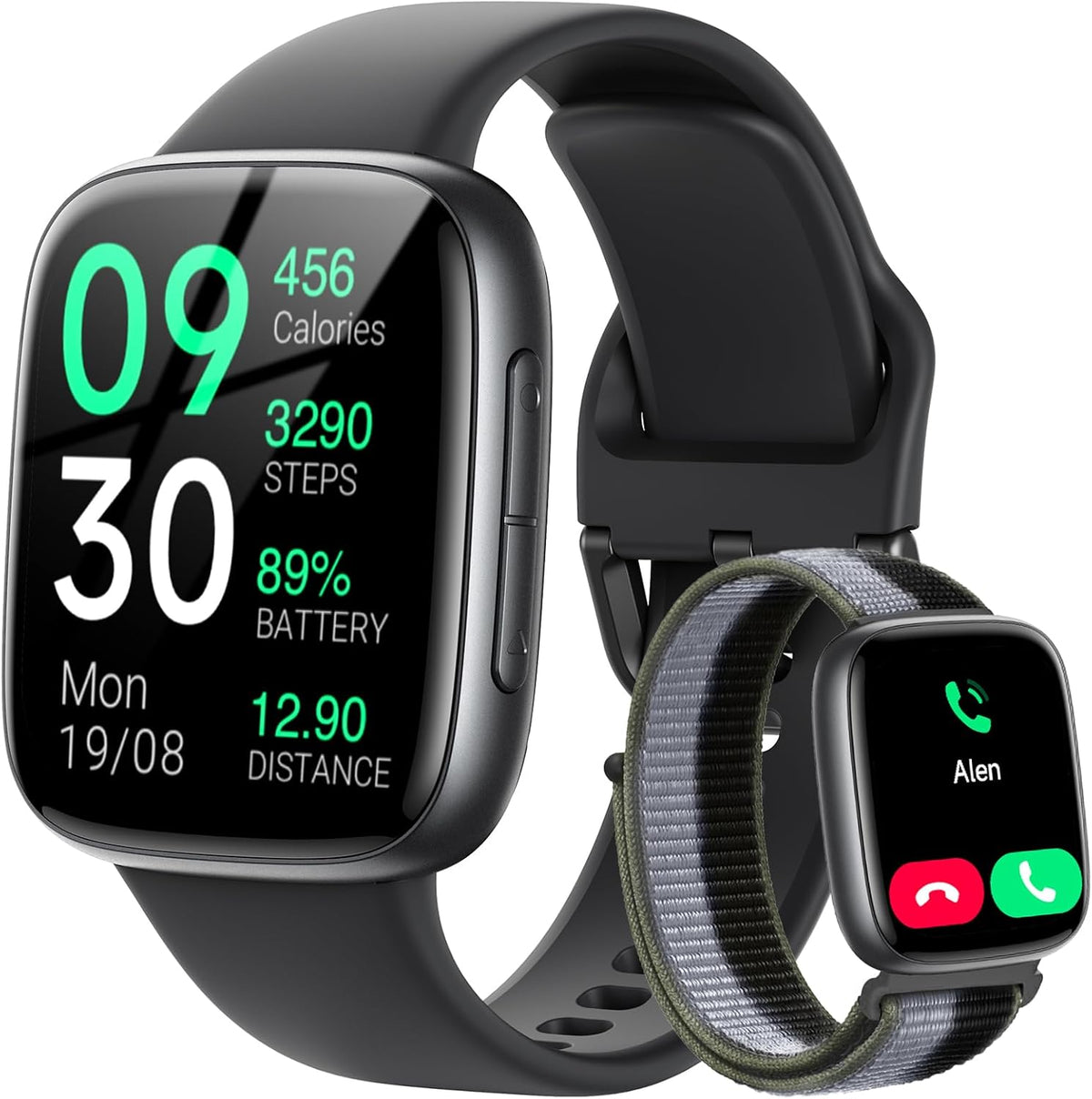Smart Watch: 1.85" AMOLED Call Answer, Heart Rate/SpO₂, 100+ Sports, 3ATM Waterproof, 2 Bands